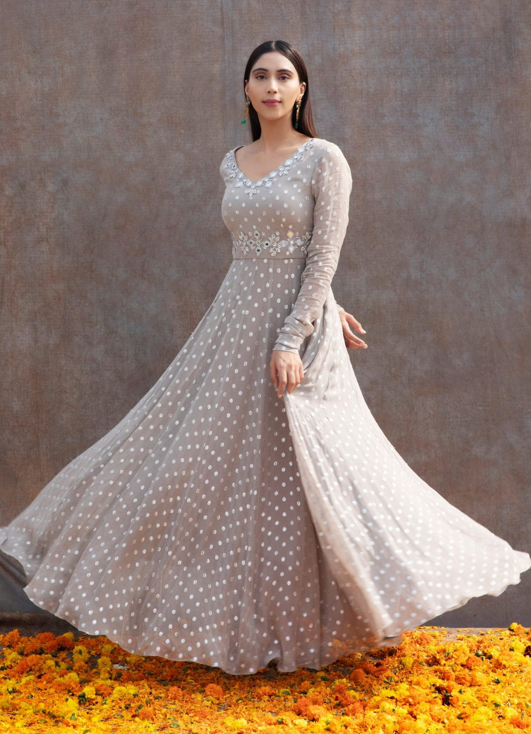 Grey Mirror Anarkali Set Silky Bindra - Fabilicious Fashion