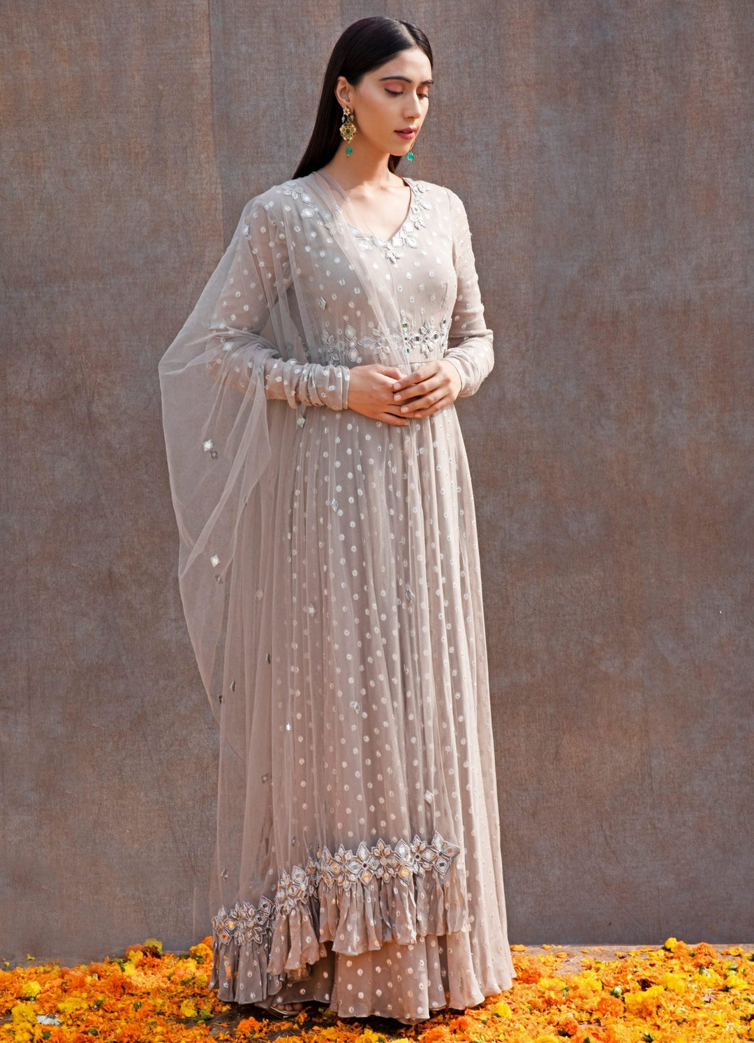Grey Mirror Anarkali Set Silky Bindra - Fabilicious Fashion