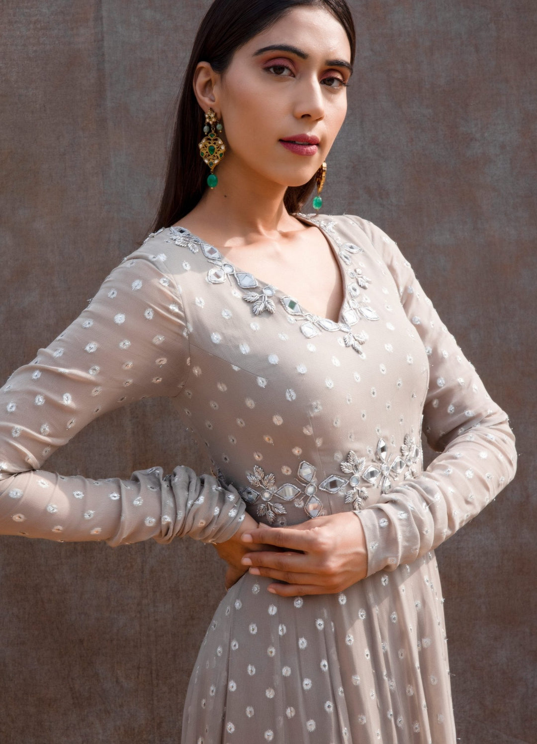 Grey Mirror Anarkali Set Silky Bindra - Fabilicious Fashion