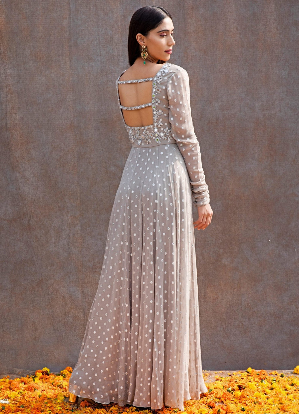 Grey Mirror Anarkali Set Silky Bindra - Fabilicious Fashion