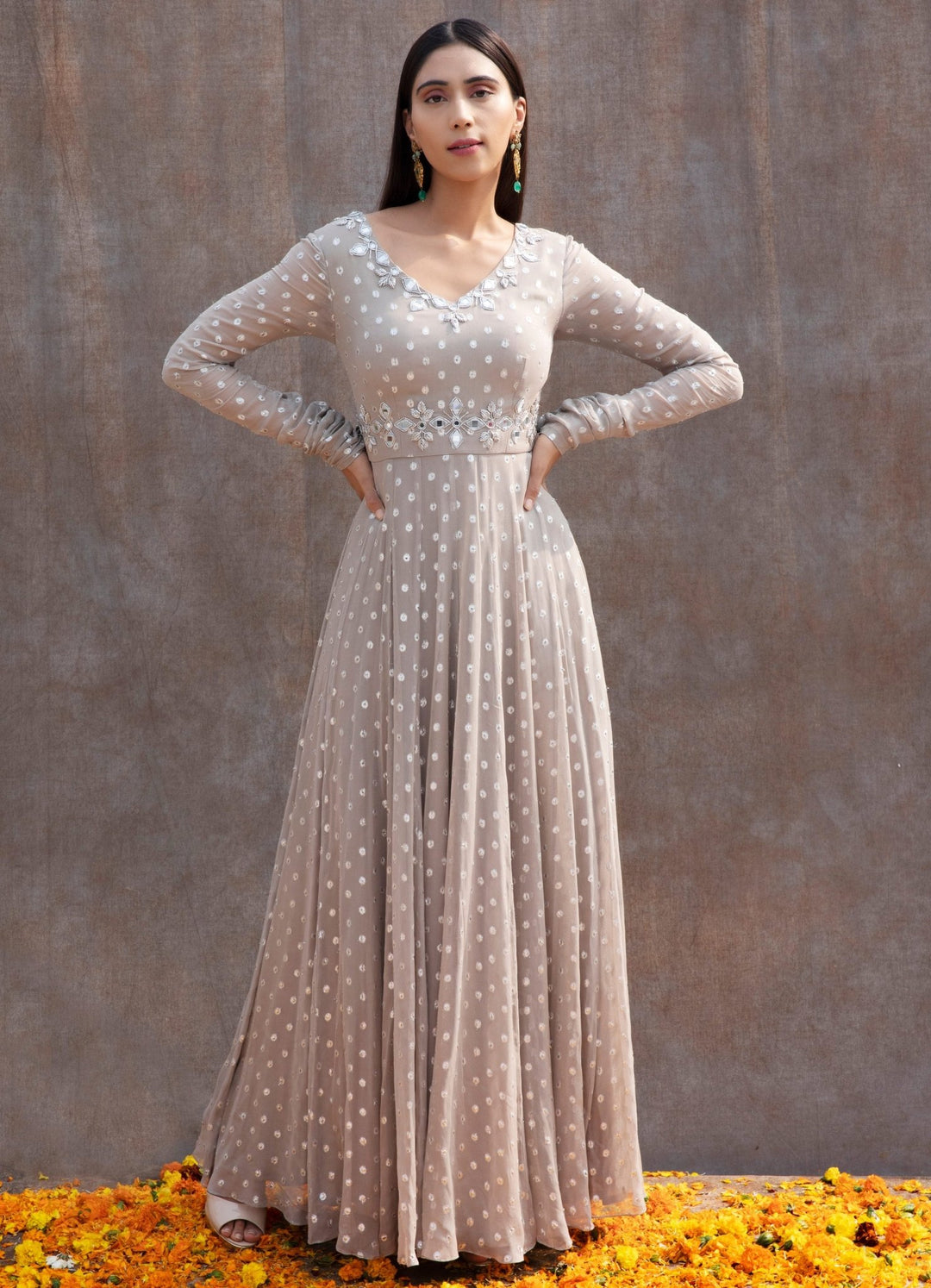 Grey Mirror Anarkali Set Silky Bindra - Fabilicious Fashion