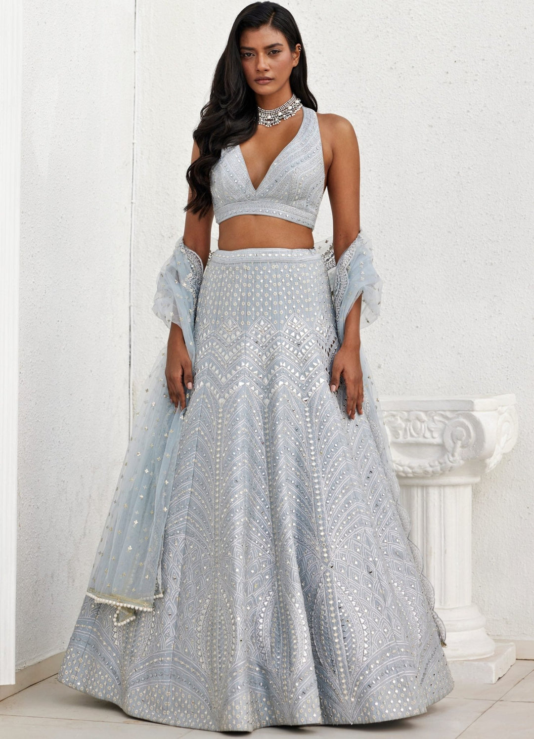 Grey Mirror and Applique Lehenga Set Chamee and Palak - Fabilicious Fashion