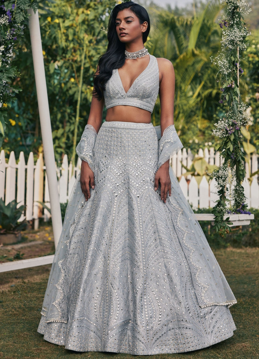 Grey Mirror and Applique Lehenga Set Chamee and Palak - Fabilicious Fashion