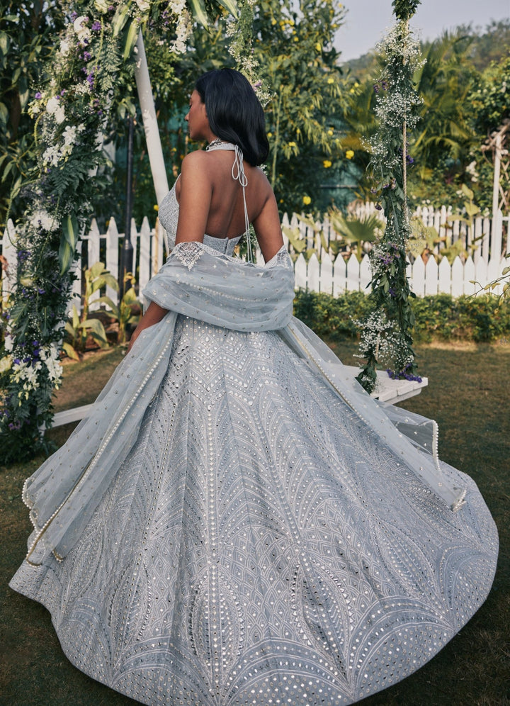 Grey Mirror and Applique Lehenga Set Chamee and Palak - Fabilicious Fashion