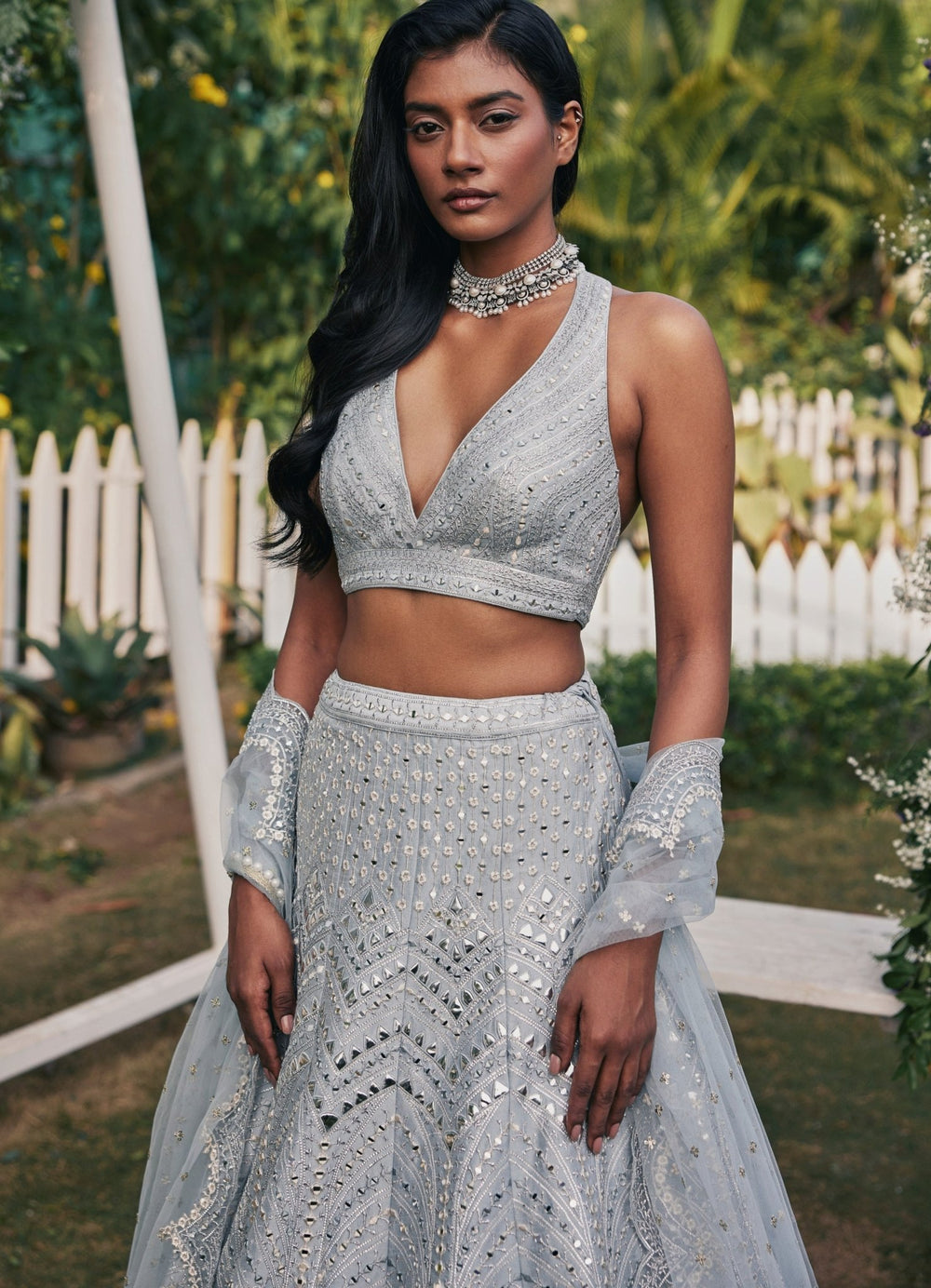 Grey Mirror and Applique Lehenga Set Chamee and Palak - Fabilicious Fashion