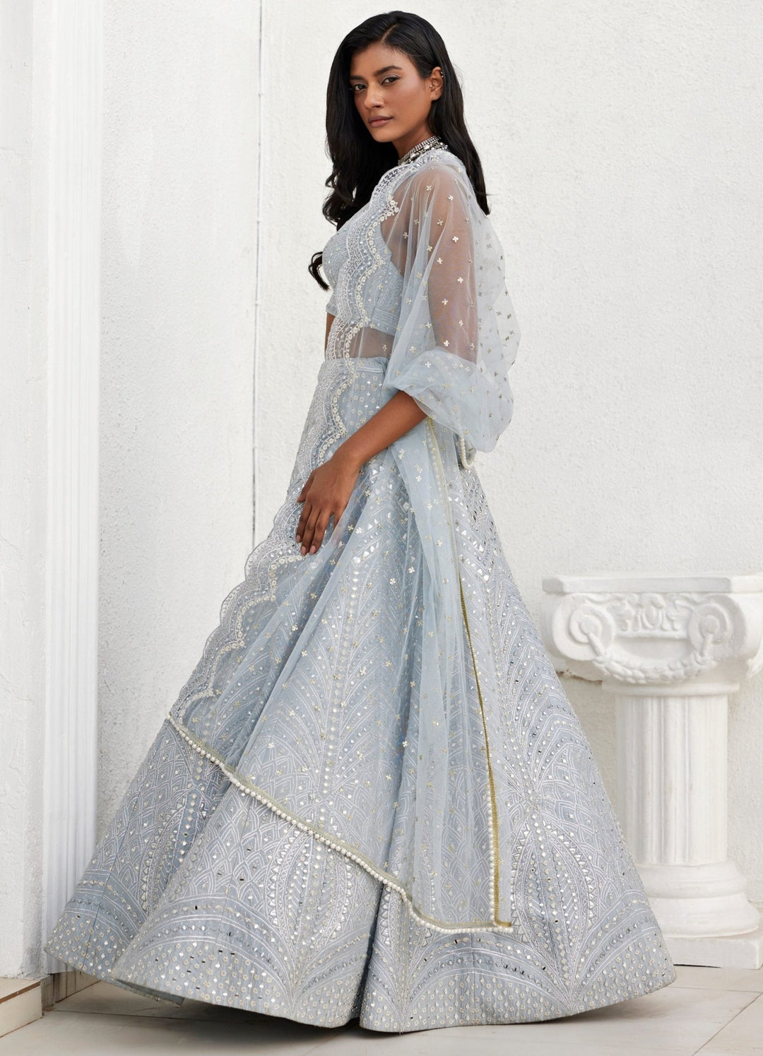 Grey Mirror and Applique Lehenga Set Chamee and Palak - Fabilicious Fashion