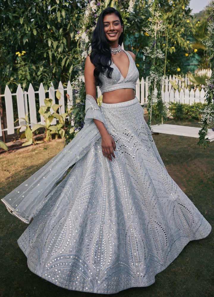 Grey Mirror and Applique Lehenga Set Chamee and Palak - Fabilicious Fashion