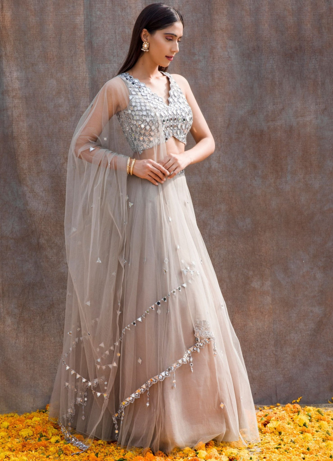 Grey Mirror Lehenga Set Silky Bindra - Fabilicious Fashion