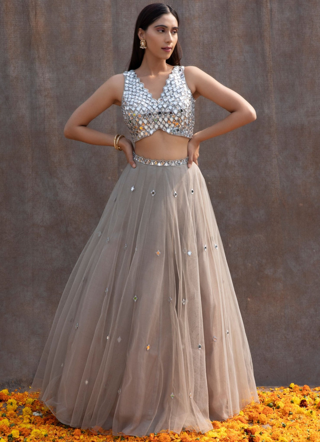 Grey Mirror Lehenga Set Silky Bindra - Fabilicious Fashion