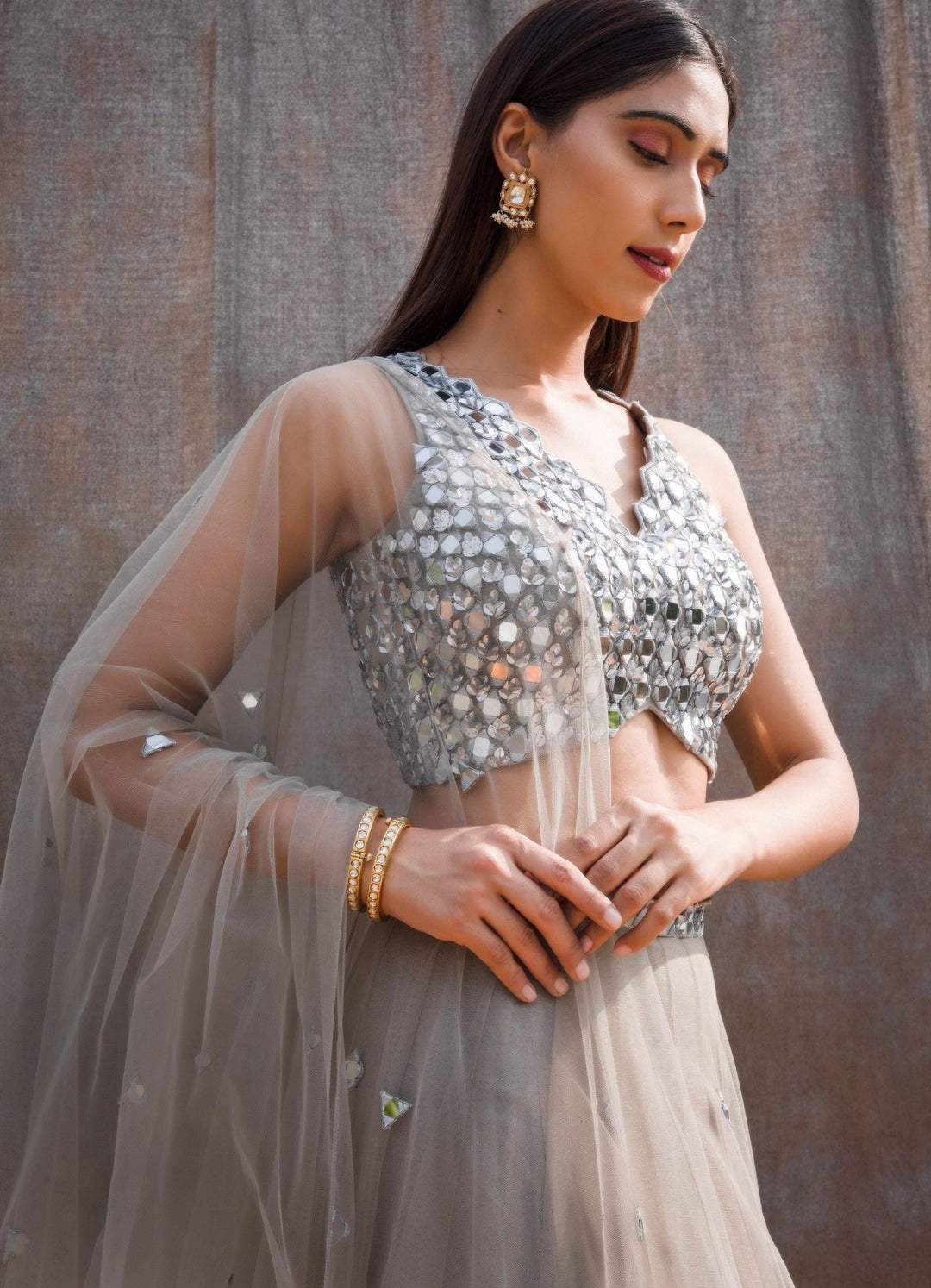 Grey Mirror Lehenga Set Silky Bindra - Fabilicious Fashion