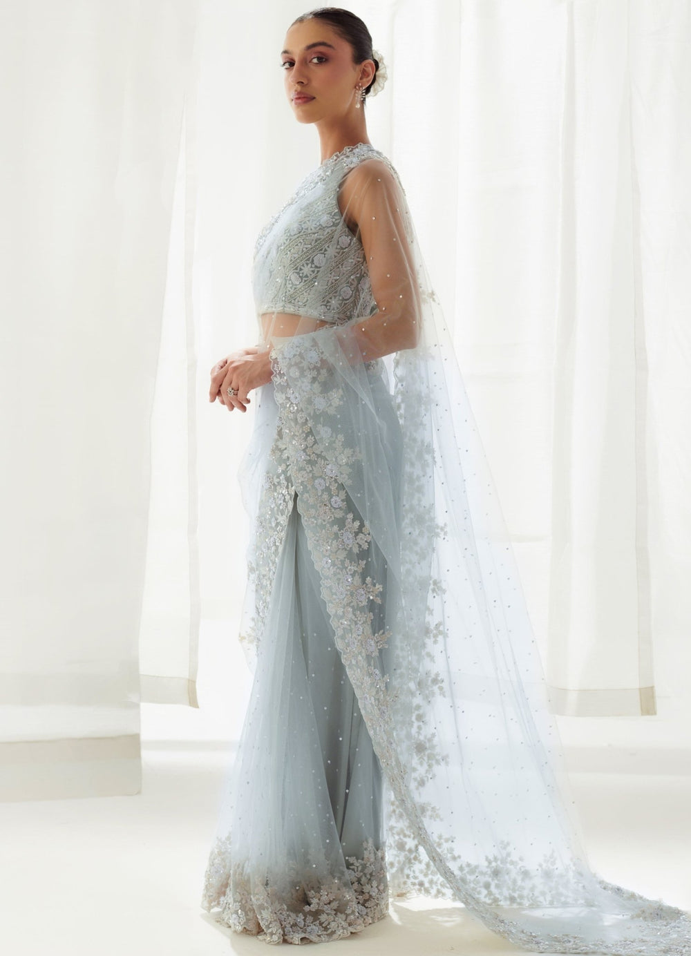 Grey Net Embellished Saree With Round Neckline Sleeveless Blouse Suhino - Fabilicious Fashion
