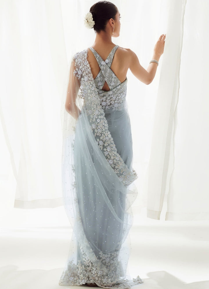 Grey Net Embellished Saree With Round Neckline Sleeveless Blouse Suhino - Fabilicious Fashion