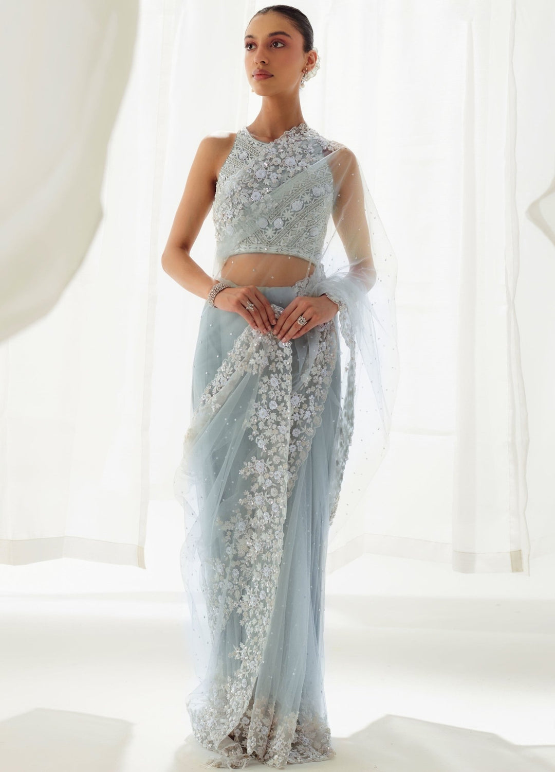 Grey Net Embellished Saree With Round Neckline Sleeveless Blouse Suhino - Fabilicious Fashion