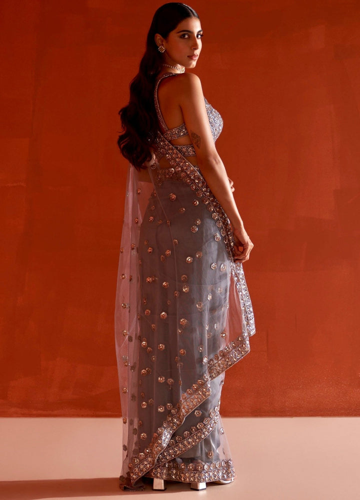 Grey Net Sequin Embellished Saree Set Angad Singh - Fabilicious Fashion