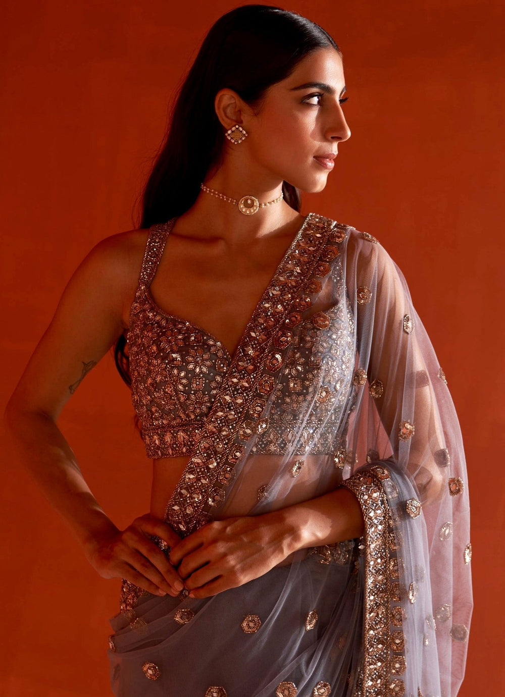 Grey Net Sequin Embellished Saree Set Angad Singh - Fabilicious Fashion