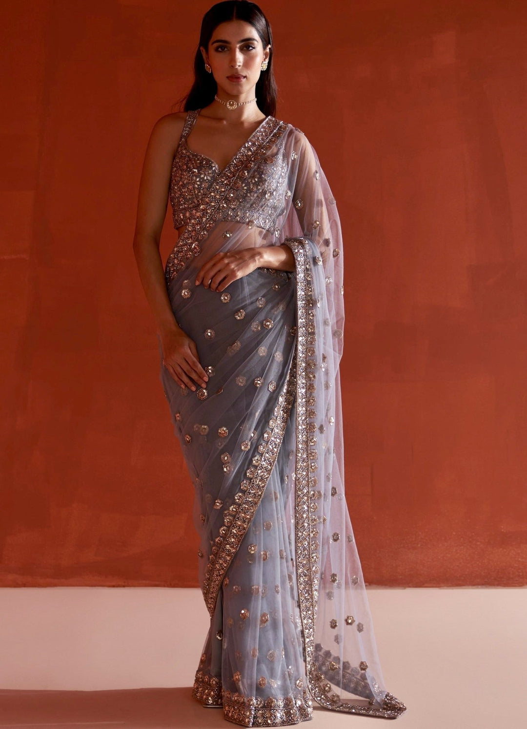 Grey Net Sequin Embellished Saree Set Angad Singh - Fabilicious Fashion