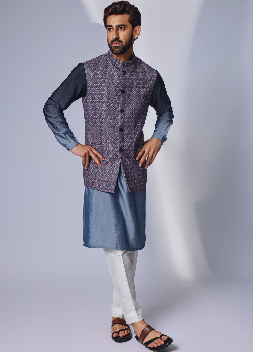 Grey Ombre Shaded Kurta Set With Jacket Chatenya Mittal - Fabilicious Fashion