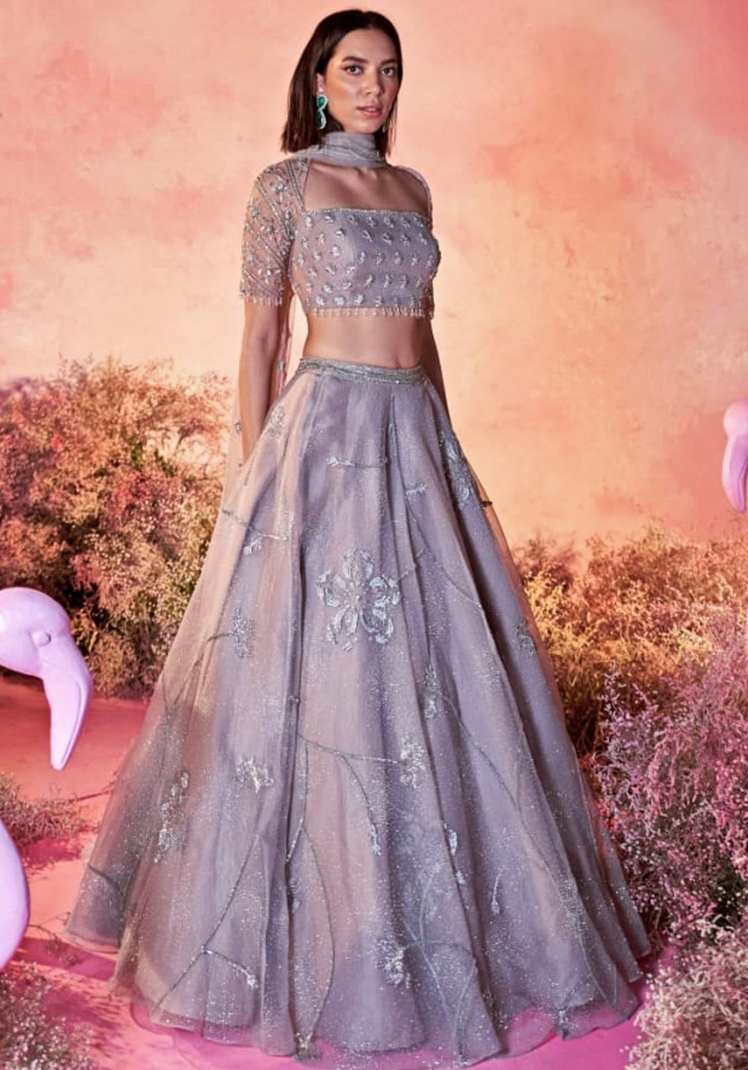Grey Organza Embroidered Lehenga Set Parul Gandhi - Fabilicious Fashion