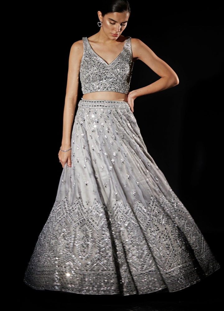 Grey Organza Mirrorwork Lehenga Set Angad Singh - Fabilicious Fashion