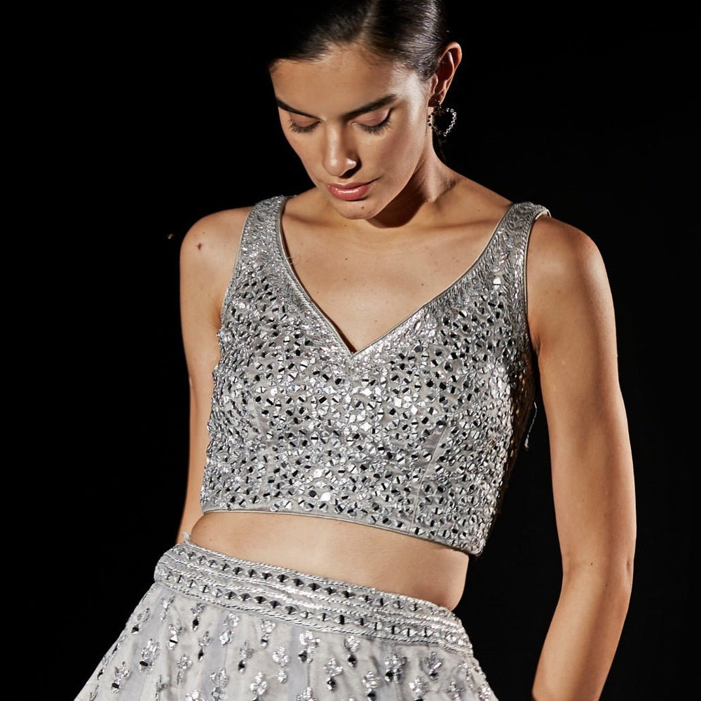Grey Organza Mirrorwork Lehenga Set Angad Singh - Fabilicious Fashion