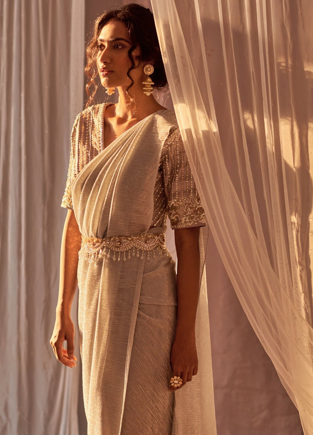 Grey Pre-Draped Crepe Saree With Embellished Blouse And Belt Nidhika Shekhar - Fabilicious Fashion