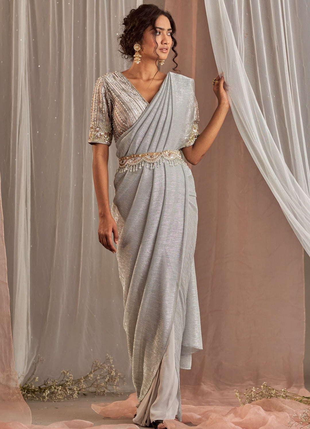 Grey Pre-Draped Crepe Saree With Embellished Blouse And Belt Nidhika Shekhar - Fabilicious Fashion