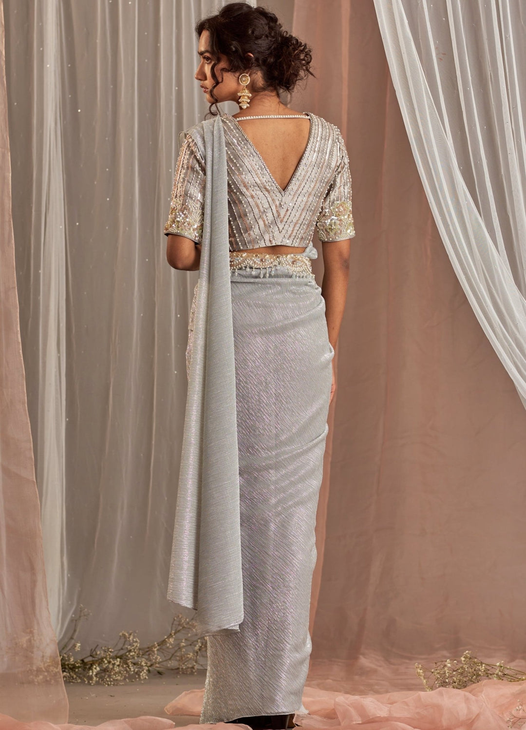 Grey Pre-Draped Crepe Saree With Embellished Blouse And Belt Nidhika Shekhar - Fabilicious Fashion