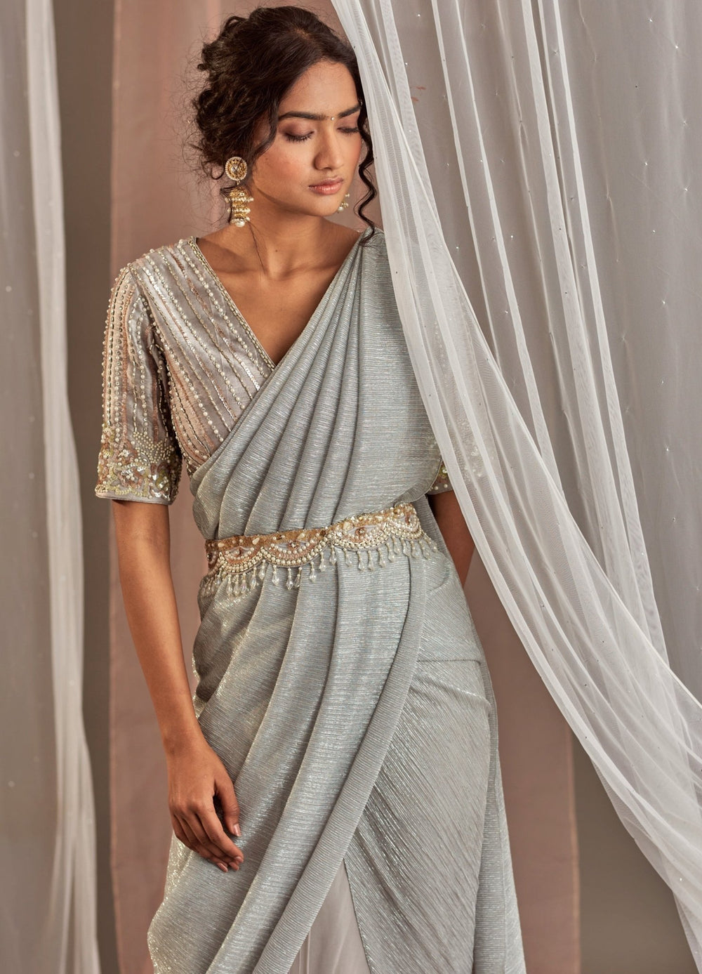 Grey Pre-Draped Crepe Saree With Embellished Blouse And Belt Nidhika Shekhar - Fabilicious Fashion