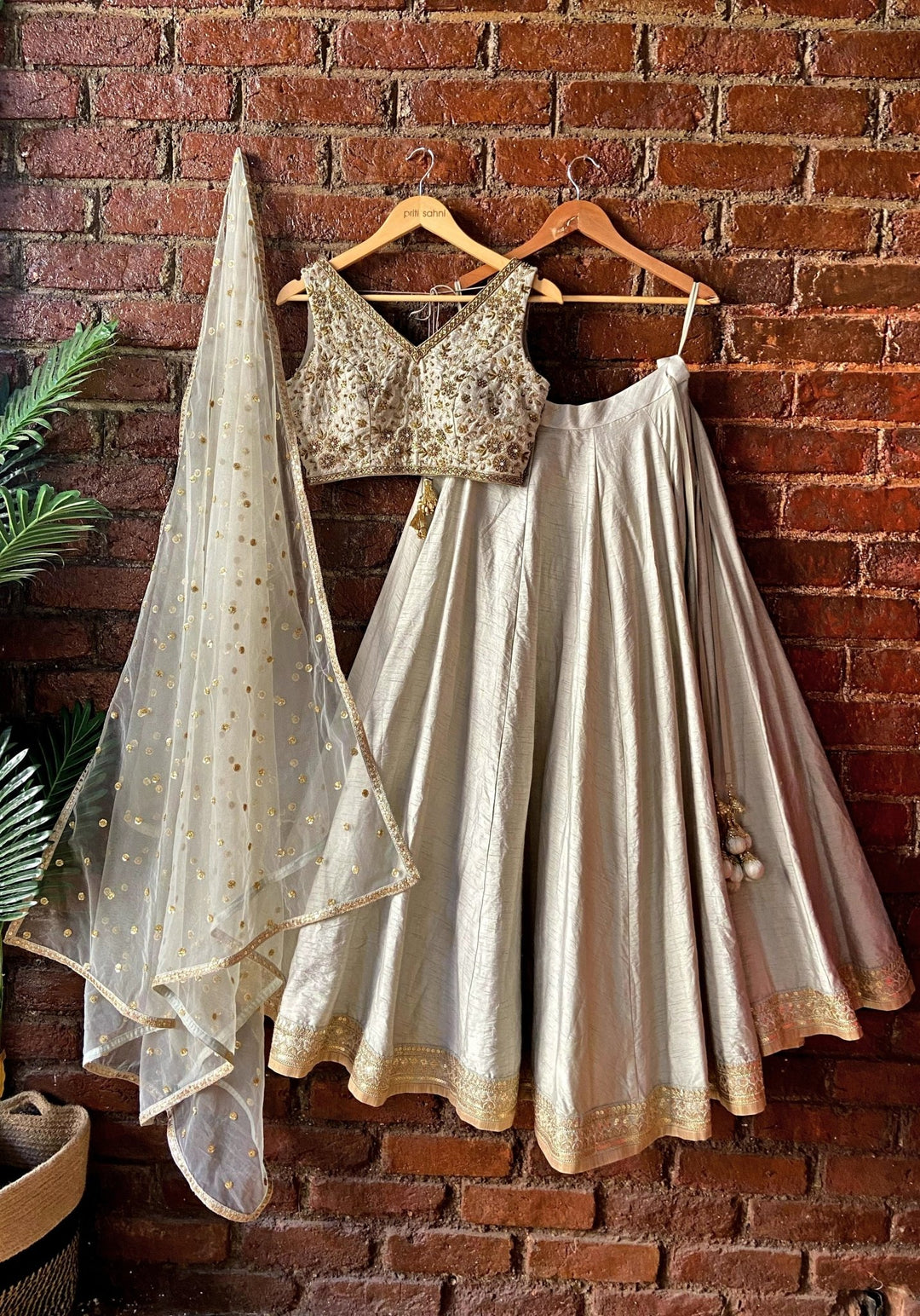 Grey Raw Silk Embroidered Lehenga Set Priti Sahni - Fabilicious Fashion