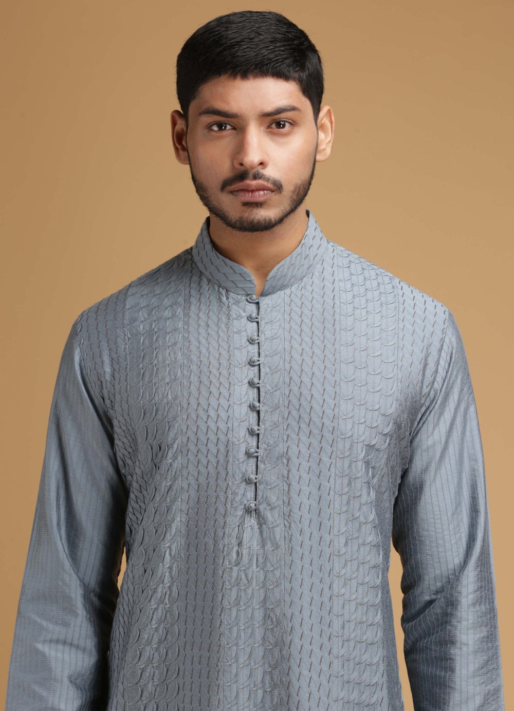 Grey Scallop Silk Kurta Set Chatenya Mittal - Fabilicious Fashion