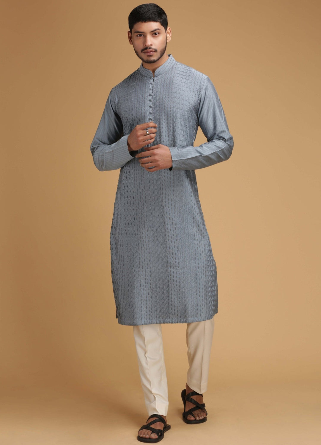 Grey Scallop Silk Kurta Set Chatenya Mittal - Fabilicious Fashion