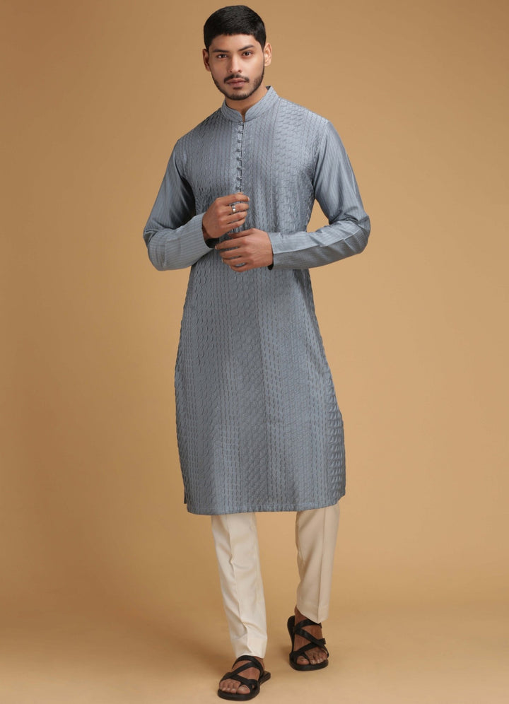 Grey Scallop Silk Kurta Set Chatenya Mittal - Fabilicious Fashion