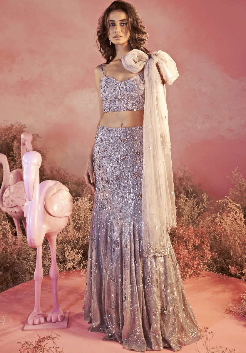 Grey sequins embroidered lehenga set by Parul Gandhi in lilac hue for reception