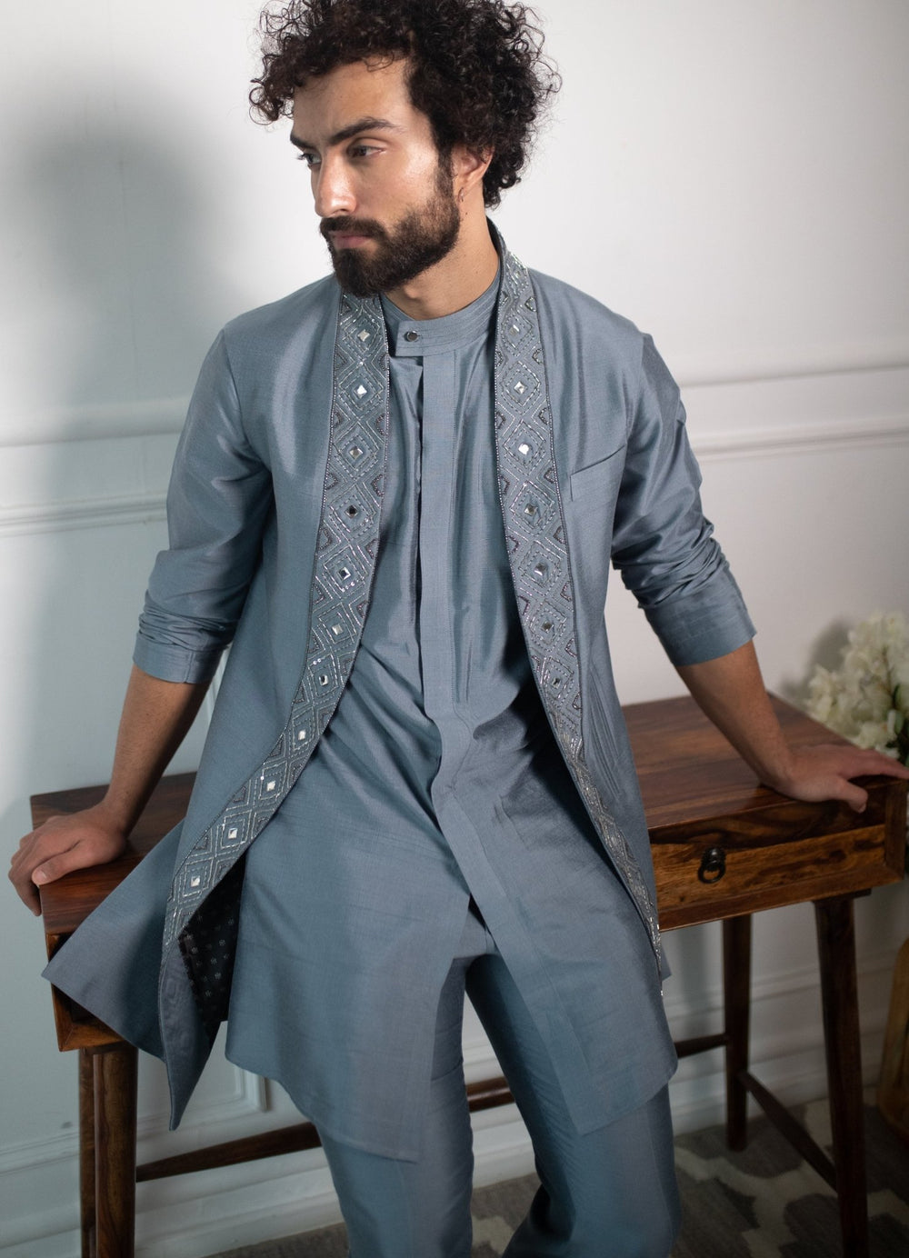 Greyish Blue Hand embroidered shawl collar Set Contrast by Parth - Fabilicious Fashion