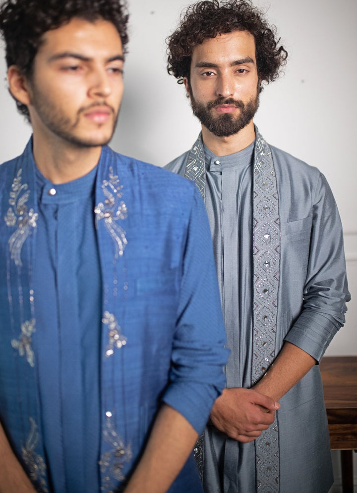 Greyish Blue Hand embroidered shawl collar Set Contrast by Parth - Fabilicious Fashion