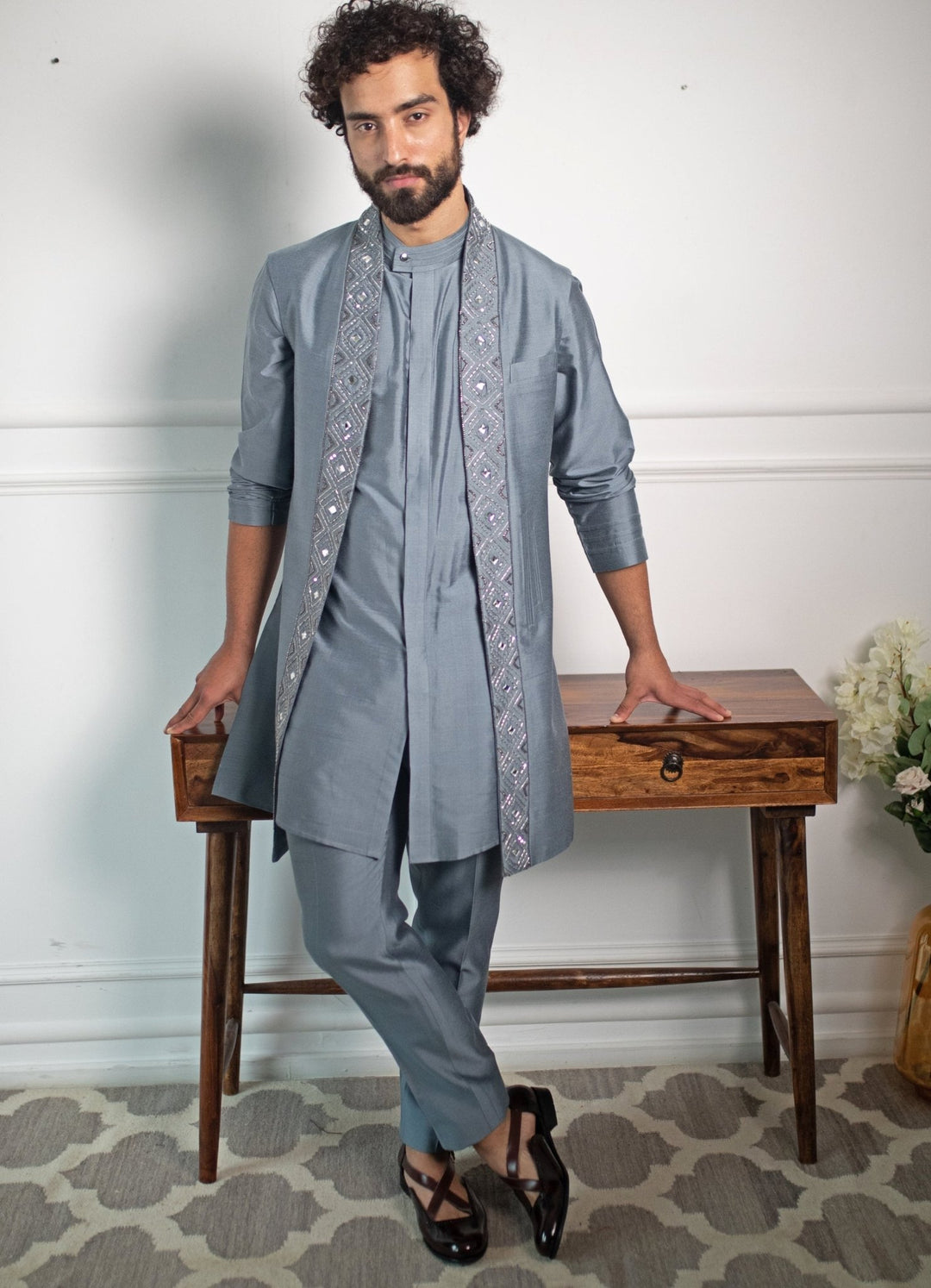 Greyish Blue Hand embroidered shawl collar Set Contrast by Parth - Fabilicious Fashion