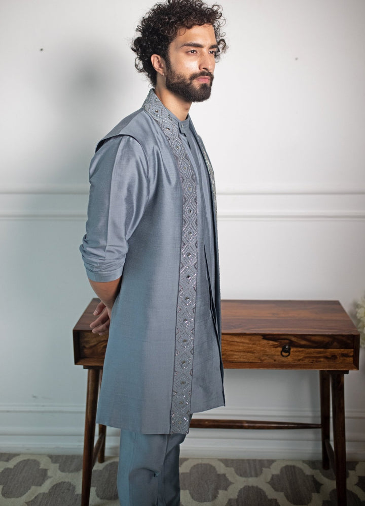 Greyish Blue Hand embroidered shawl collar Set Contrast by Parth - Fabilicious Fashion
