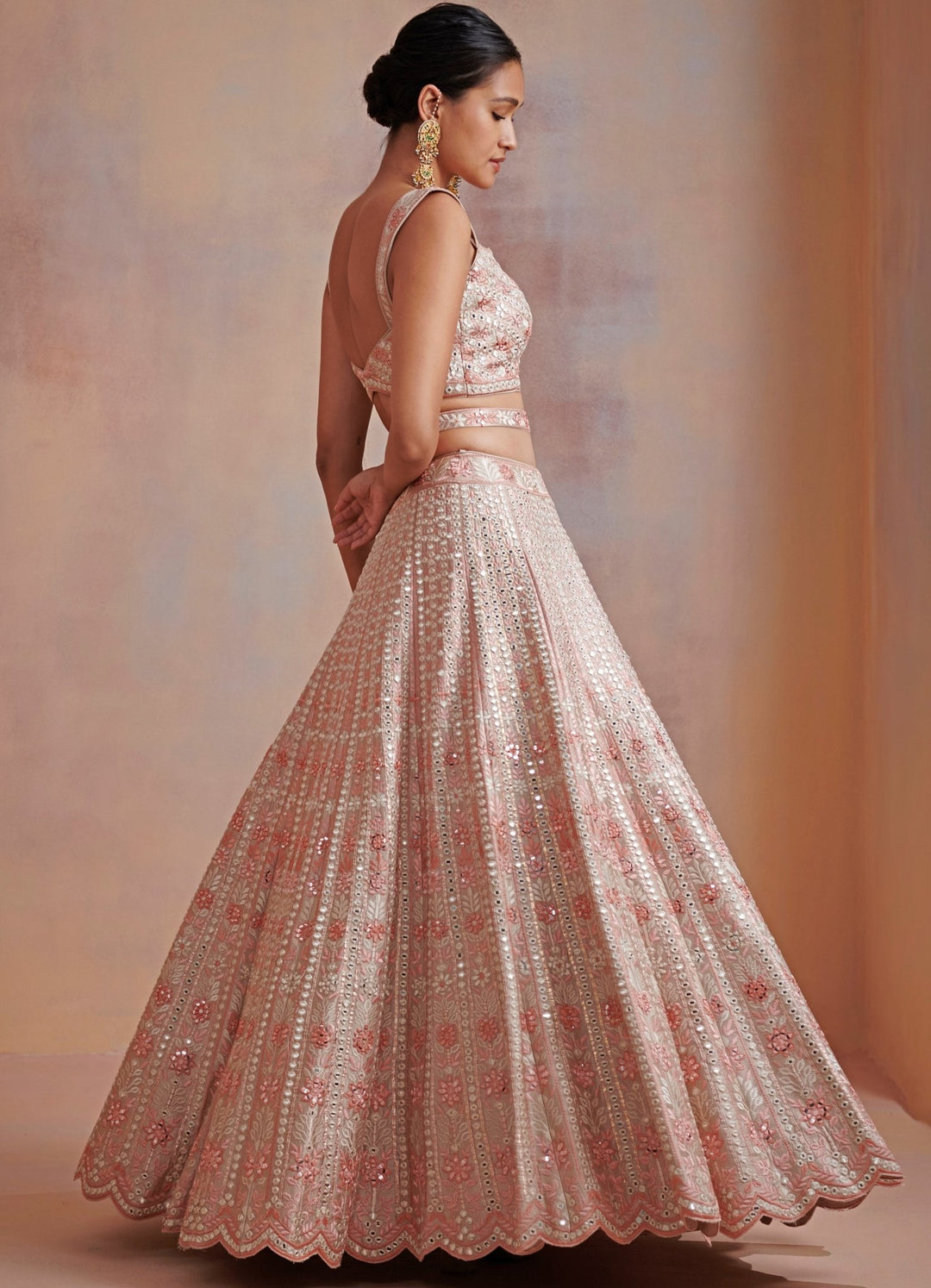 Gul Beige and Peach Gold Embroidered Lehenga Set Suhino - Fabilicious Fashion