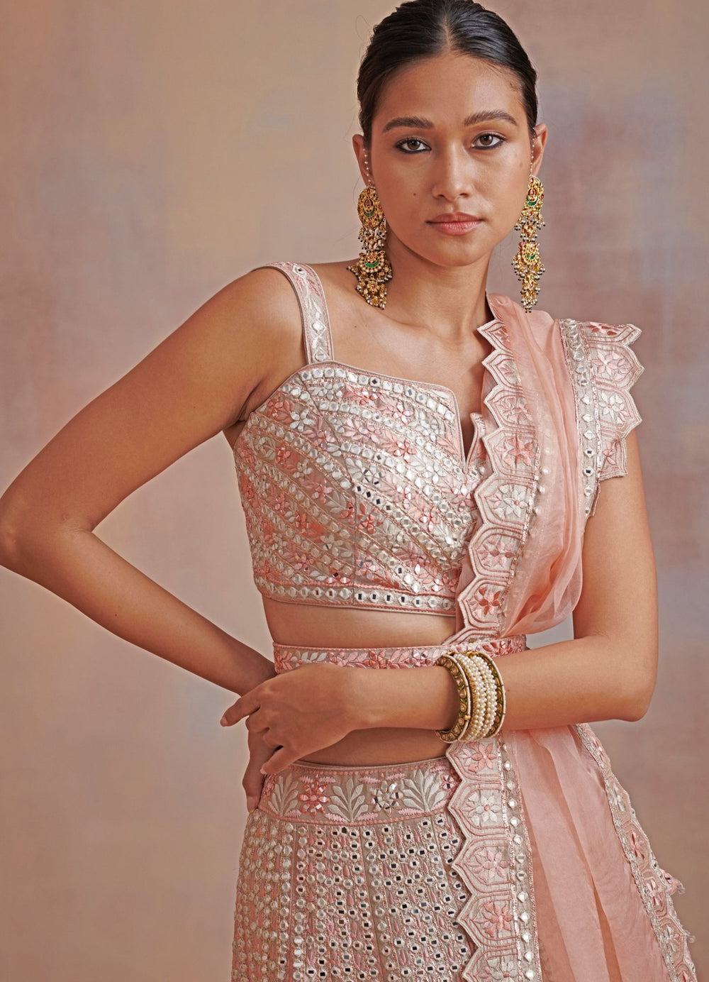 Gul Beige and Peach Gold Embroidered Lehenga Set Suhino - Fabilicious Fashion