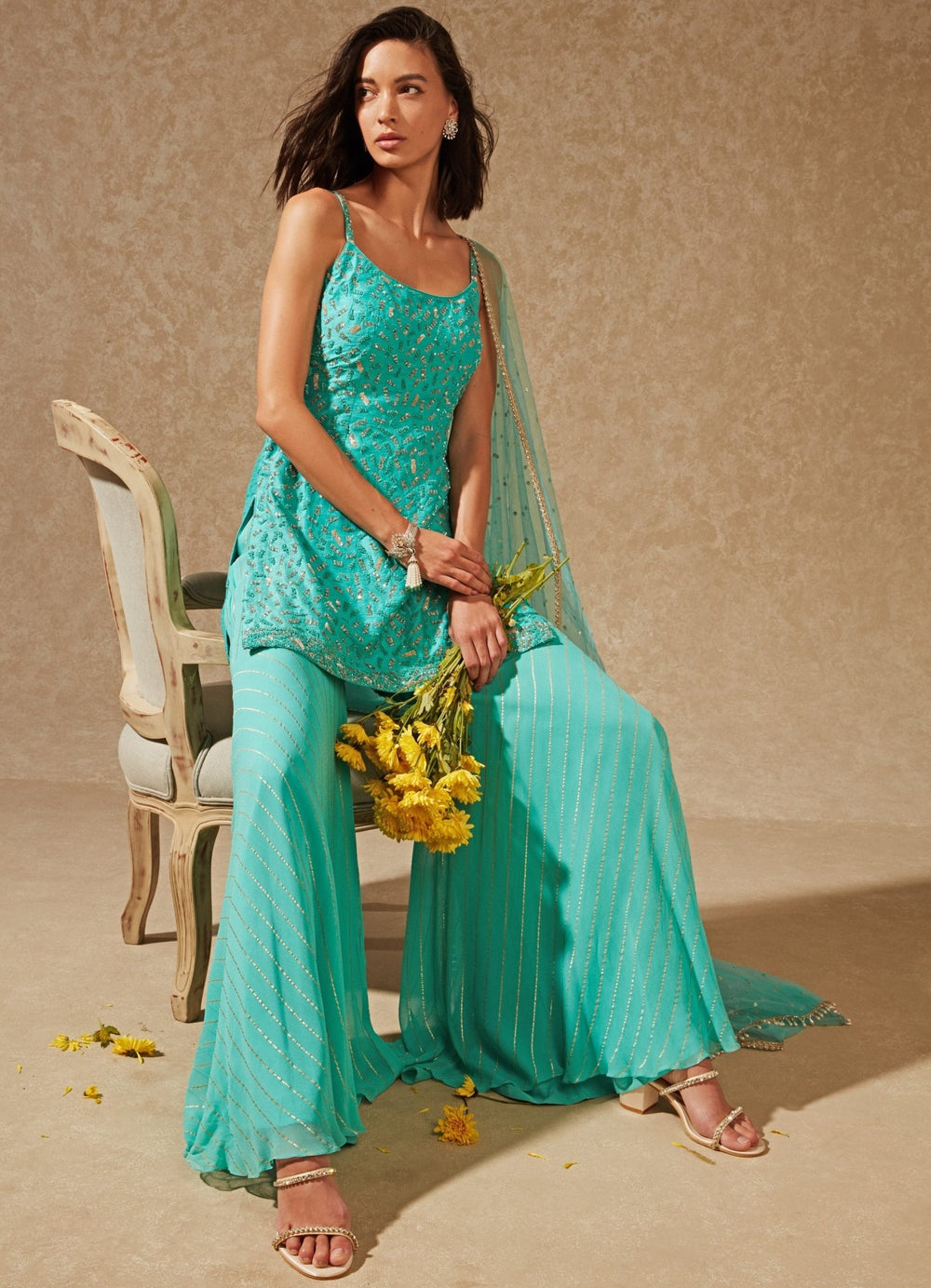 Gul Blue Silk Kurta With Pallazo Pants Chamee n Palak - Fabilicious Fashion
