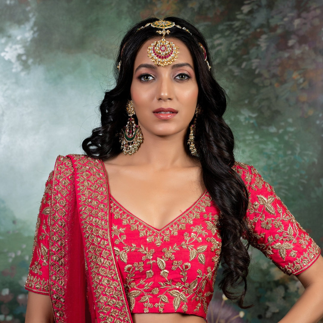 Hair Band Style Pink and Green Tear Drop Mathapatti Riana by Shikha Jindal - Fabilicious Fashion