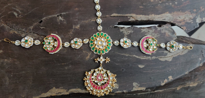 Hair Band Style Pink and Green Tear Drop Mathapatti Riana by Shikha Jindal - Fabilicious Fashion