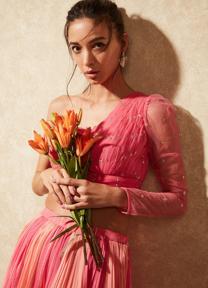 Hana Pink One Shoulder Lehenga Set Chamee n Palak - Fabilicious Fashion