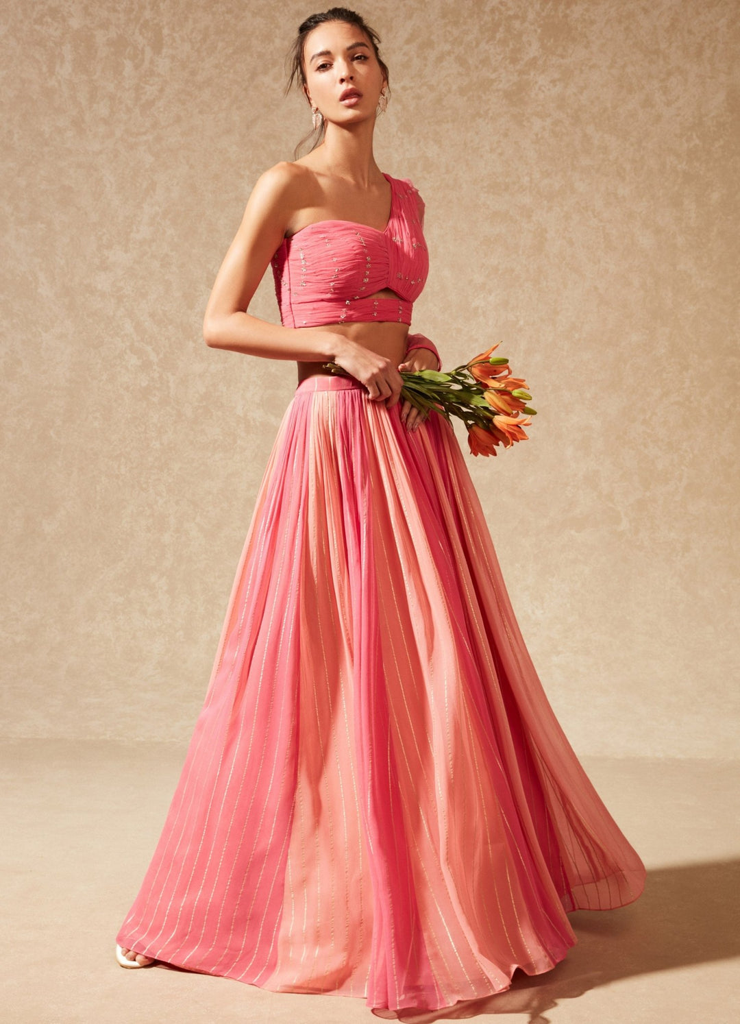 Hana Pink One Shoulder Lehenga Set Chamee n Palak - Fabilicious Fashion