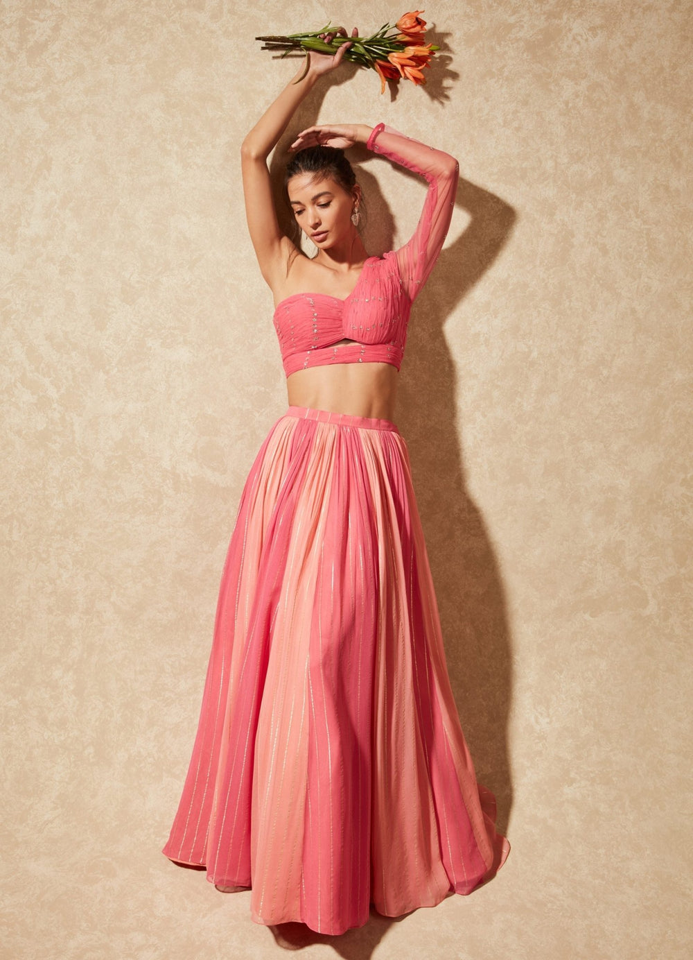 Hana Pink One Shoulder Lehenga Set Chamee n Palak - Fabilicious Fashion