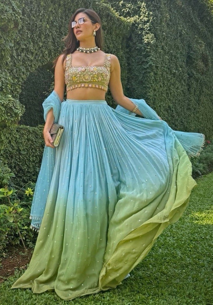 Hazel Blue and Green Ombre Embroidered Lehenga Set Chamee and Palak - Fabilicious Fashion