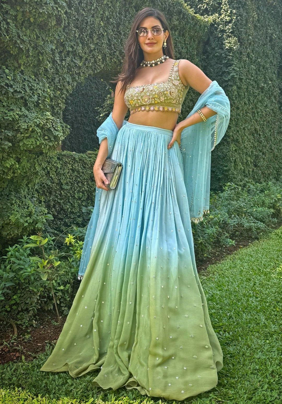 Hazel Blue and Green Ombre Embroidered Lehenga Set Chamee and Palak - Fabilicious Fashion
