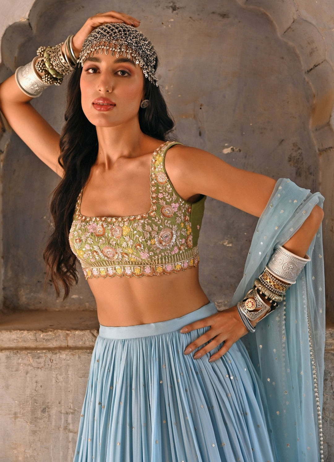 Hazel Blue and Green Ombre Embroidered Lehenga Set Chamee n Palak - Fabilicious Fashion
