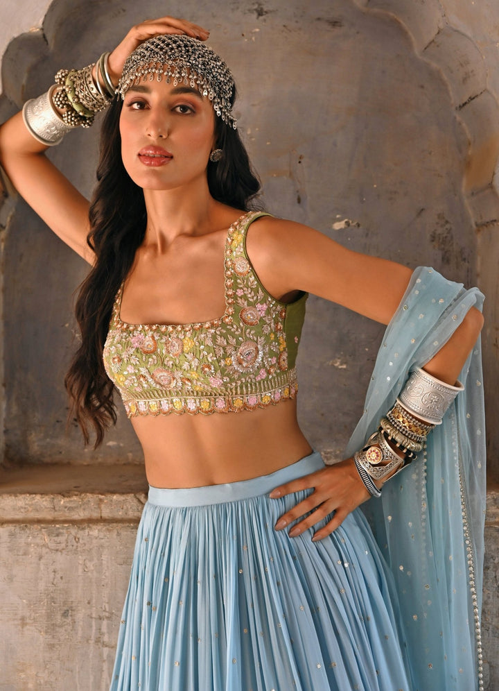 Hazel Blue and Green Ombre Embroidered Lehenga Set Chamee n Palak - Fabilicious Fashion