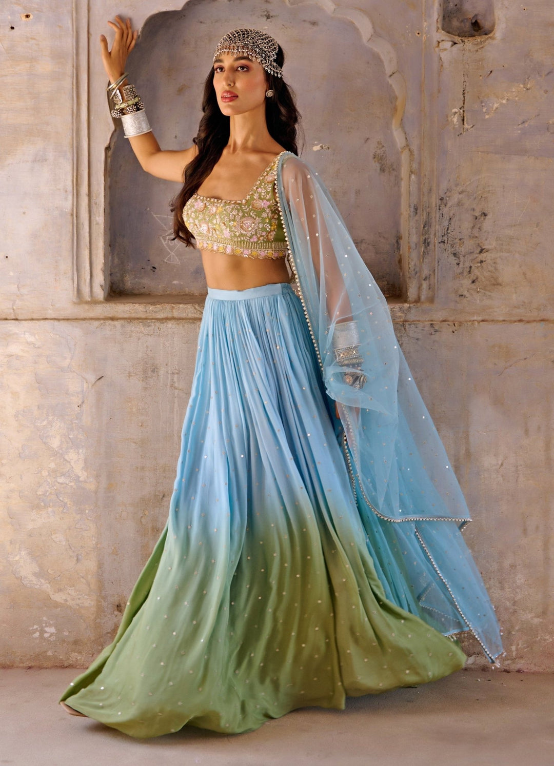 Hazel Blue and Green Ombre Embroidered Lehenga Set Chamee n Palak - Fabilicious Fashion